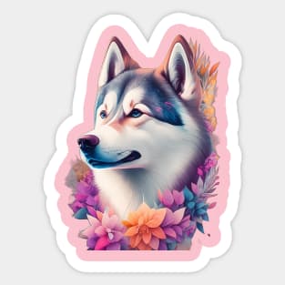 HUSKY DOG ROUNDED BY FLOWERS Sticker